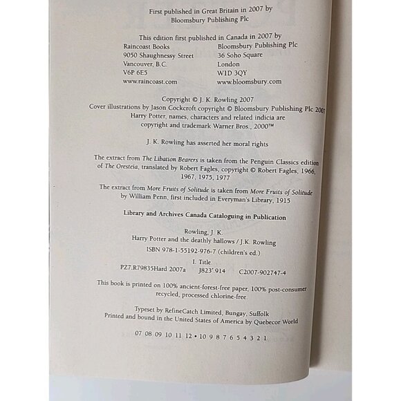 Rowling J.K. Harry Potter and the Deathly Hallows 1st Canadian Edition - Picture 8 of 8